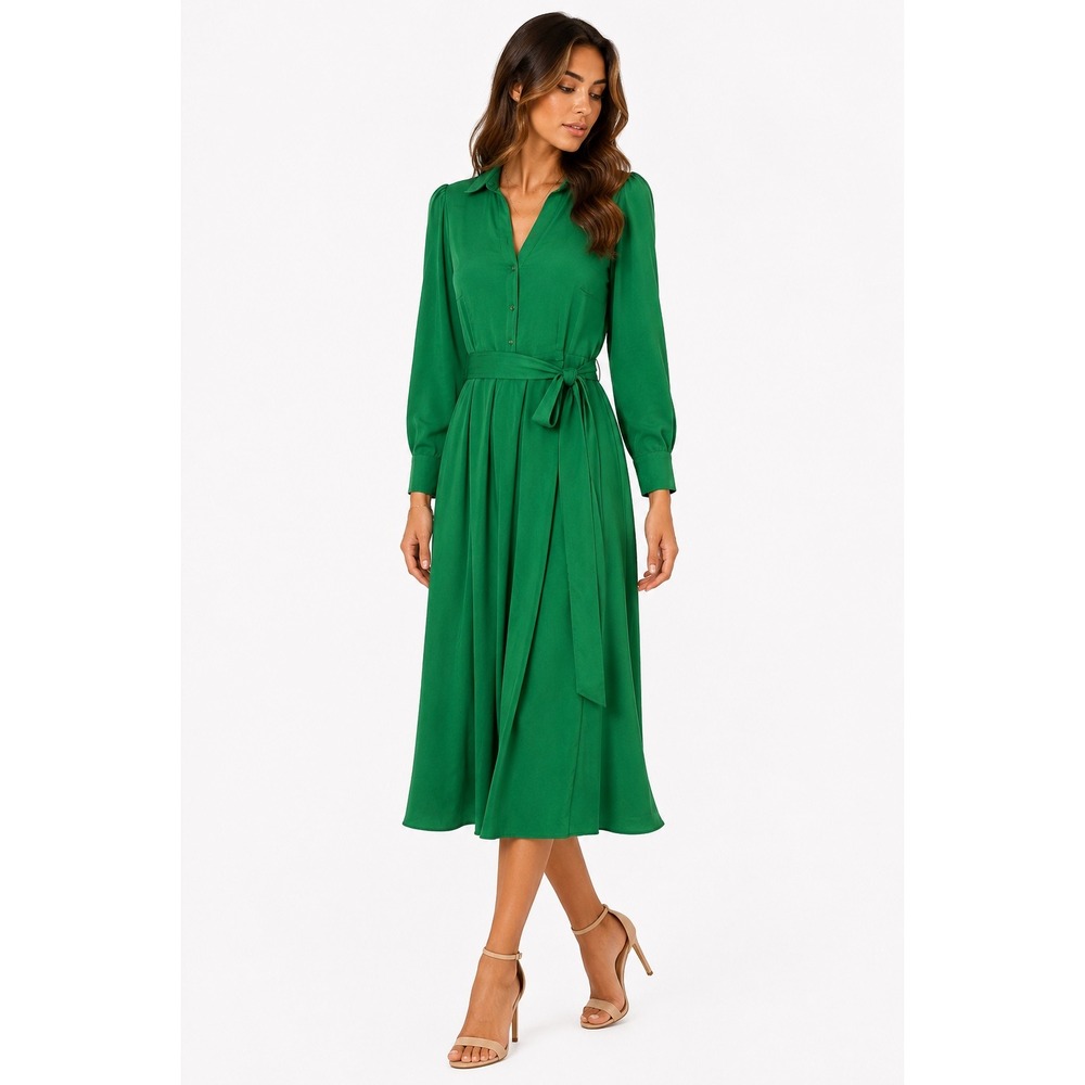 Ann‎ Taylor Shirt Dress Womens 6 Green Long Sleeve Belted Midi Classic Career